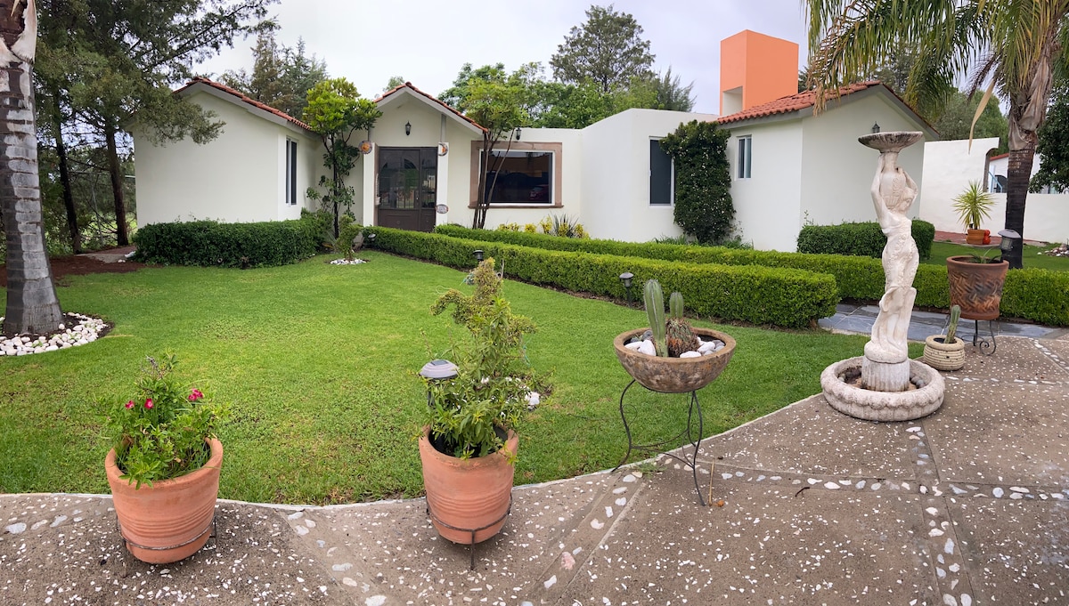 A well-maintained front yard features neatly trimmed hedges and ornamental plants in terracotta pots. A pathway of stone leads to a welcoming, single-story house framed by greenery, with a contemporary window and a decorative statue, creating an inviting outdoor space.