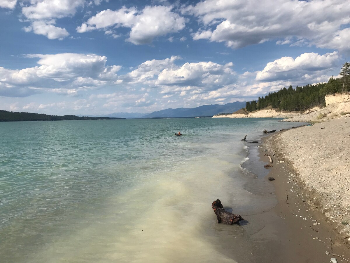 A tranquil lake scene is captured, featuring calm waters that transition from teal to a softer hue near the shore. The beach is lined with pebbles and driftwood, while distant trees and mountains create a serene backdrop under a partly cloudy sky.
