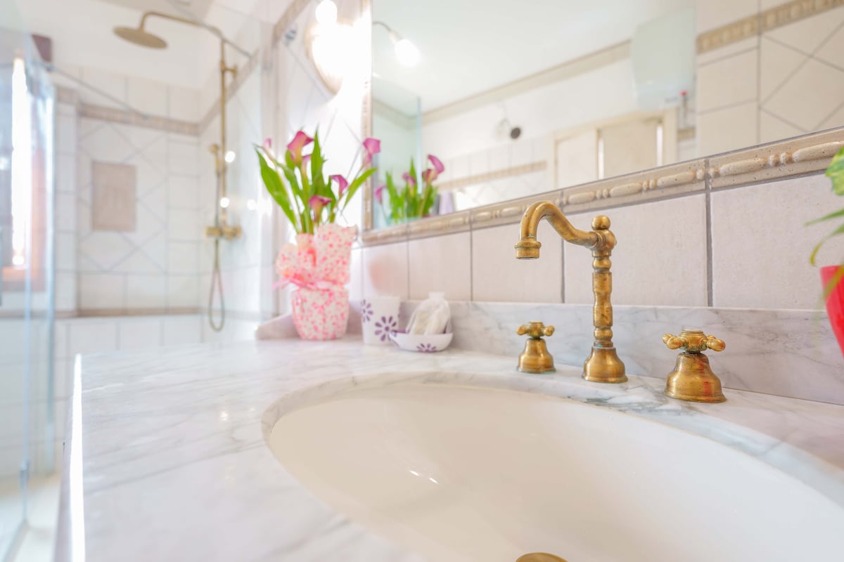 A well-appointed bathroom features a marble countertop with elegant brass fixtures. A mirror overhead reflects the soft lighting. Fresh flowers in a decorative pot add a touch of color, while neatly arranged toiletries are visible nearby, enhancing the functional space.