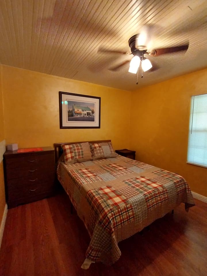 One queen sized bed.