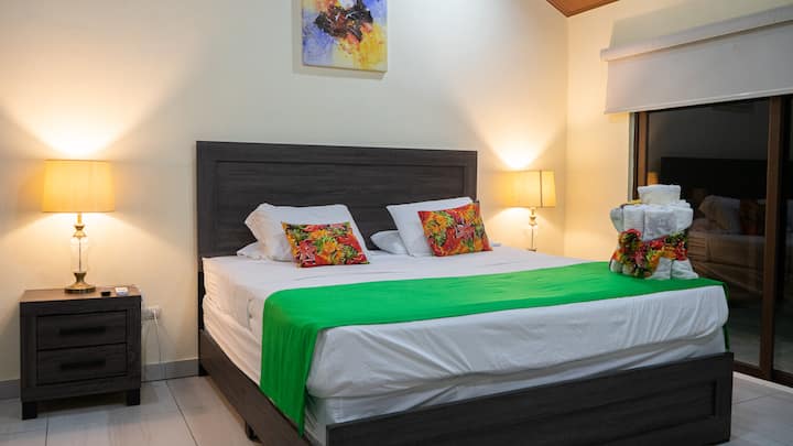 Მთავარი საძინებელი საკუთარი სააბაზანოთი, საგარდერობო ოთახით, Smart TV, A/C და აივნით პანორამული ხედით