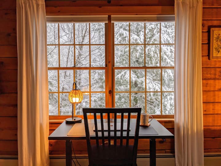 Standing desk in the main bedroom, with convenient power options. Trying to get some work done while watching the snow fall or the squirrels and birds flit about in the trees.. might be easier said than done.