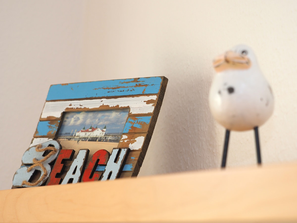 A decorative wooden photo frame displaying a beach scene is positioned on a shelf. Nearby, a small ceramic seagull figurine is perched on its stand, adding a coastal touch to the setting.