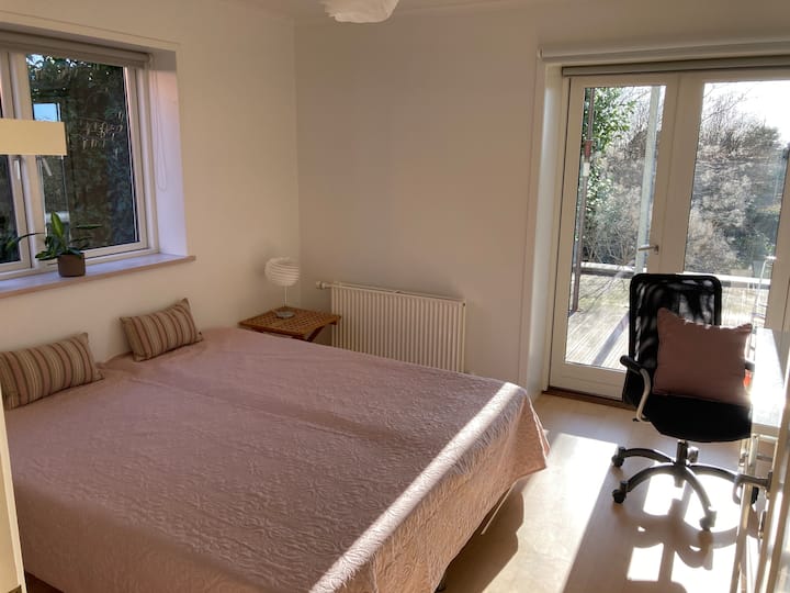 一间卧室，里面有一张双人床和一张书桌。