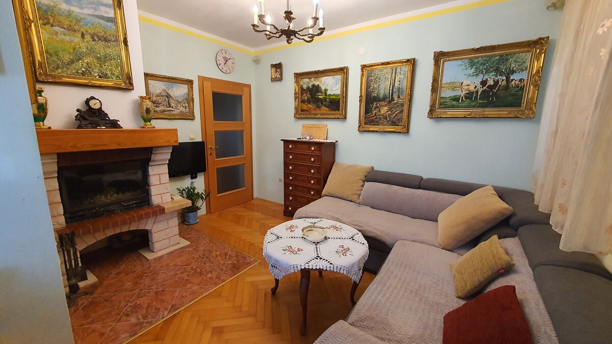 ห้องนั่งเล่นขนาดใหญ่พร้อมเตาผิงและโซฟาเบดที่ยืดได้