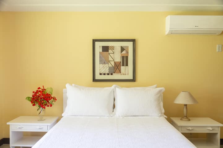 Dobre priestranný apartmán č.5 vybavený manželskou posteľou, rozdelenou klimatizáciou, šatníkom a komorou.