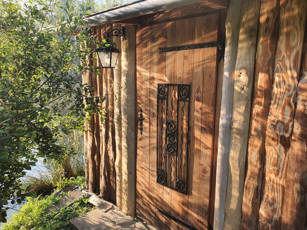 A wooden cabin door is framed by lush greenery. The door, featuring intricate metalwork and natural wood textures, is illuminated by soft sunlight filtering through the surrounding foliage. The rustic appearance blends harmoniously with the tranquil landscape by the water.