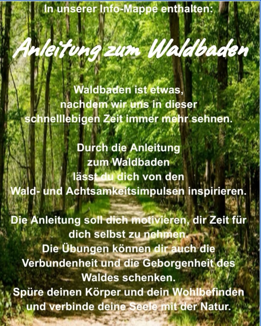 An informational booklet page features a serene forest background, providing guidance on forest bathing. Text highlights inspiration for mindfulness and connections with nature, encouraging self-reflection and well-being. The soft color palette enhances the tranquil theme, inviting individuals to engage with the natural environment.