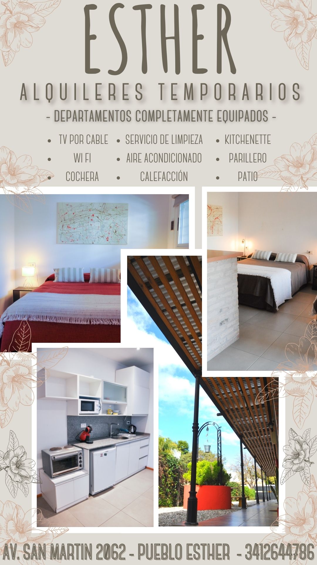 An equipped kitchenette featuring a stovetop, oven, microwave, and refrigerator is visible. The living area showcases a spacious bed with neutral bedding, and a bright window offers a view onto a shared patio. Decorative elements provide a modern aesthetic to the space.