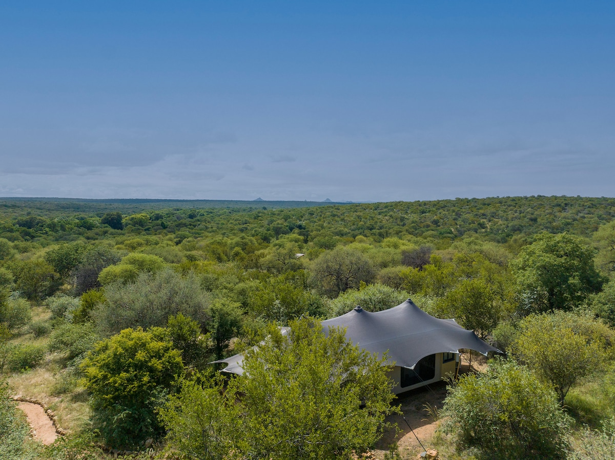 A spacious villa is seen nestled among vibrant greenery in an expansive bushland. The roof features a modern canvas design, blending harmoniously with the natural surroundings. The horizon showcases distant hills, emphasizing the openness and tranquility of the private reserve.