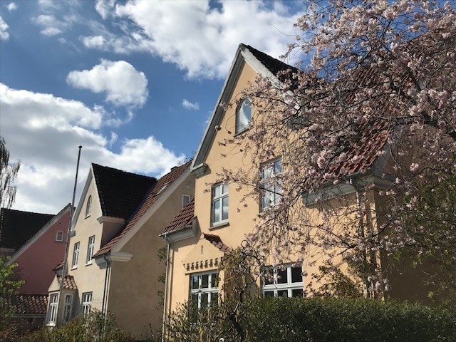 The charming exterior of the villa is depicted, showcasing a mix of yellow and pink walls framed by lush greenery and blooming trees. The roof features traditional tiles, while large windows reflect the natural light from the clear blue sky.