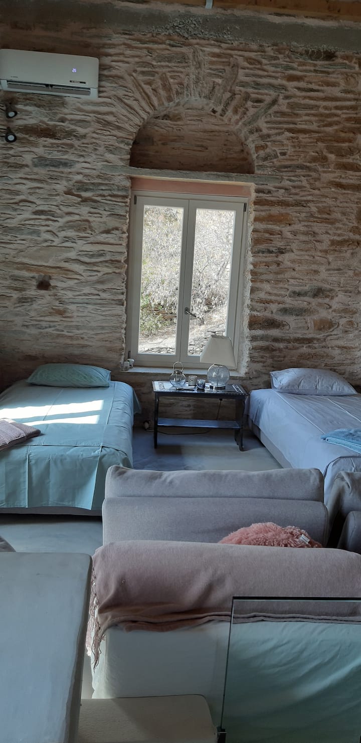 Dva kreveta za jednu osobu u kući na prvom katu na kojem se nalazi dnevni boravak.

Dva kreveta za jednu osobu u kući na prvom katu na kojem se nalazi dnevni boravak.