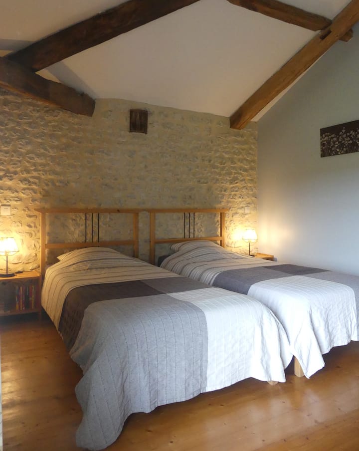 Habitación con vistas al jardín y a los viñedos. dos camas individuales de 90 x 200.