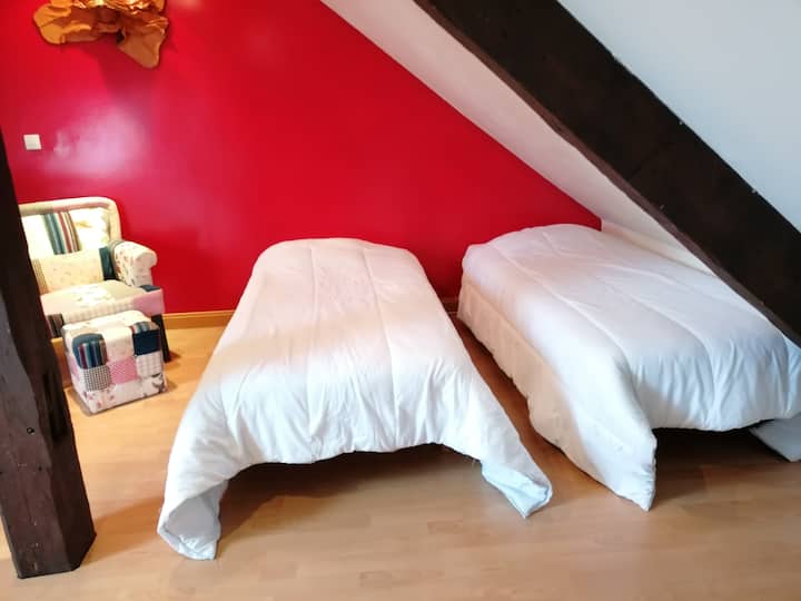 שתי מיטות נפרדות עם מצעים מעולים למעלה. 