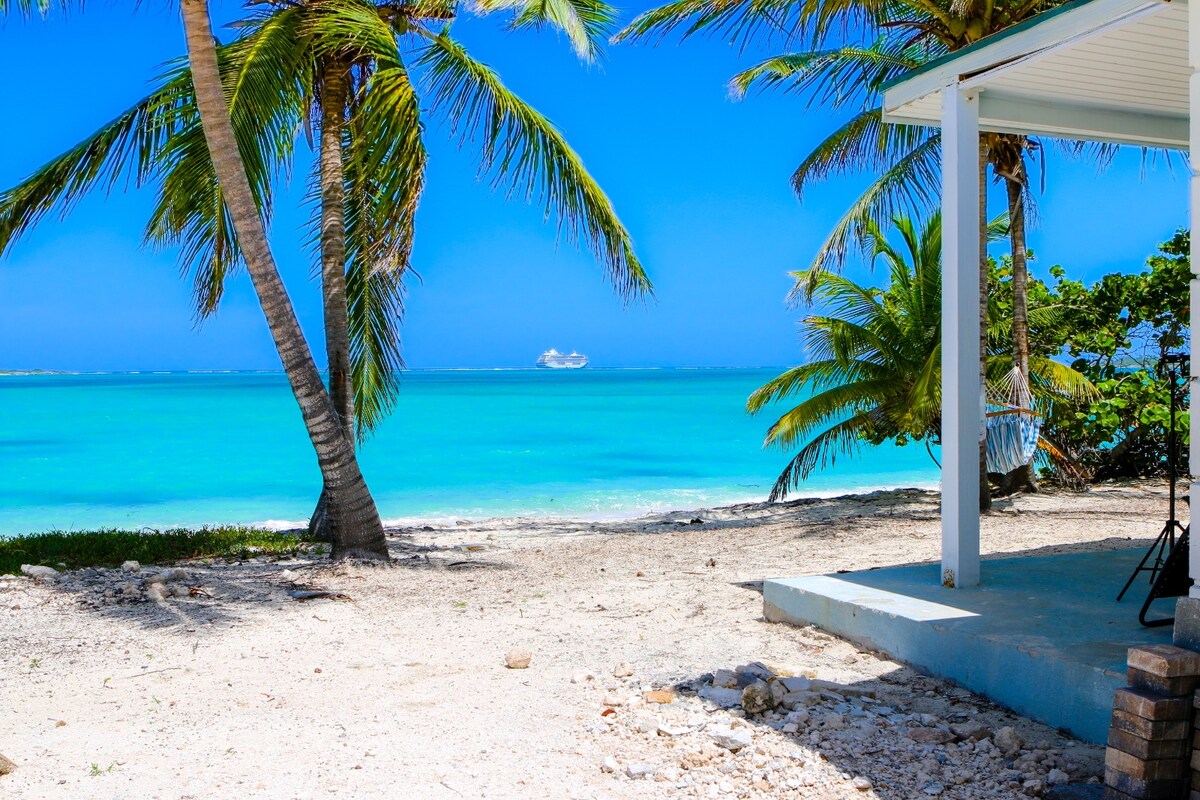 A sandy beachfront view is framed by swaying palm trees. The vibrant blue waters stretch toward the horizon, with a distant ship visible. The sunlight illuminates the scene, creating a serene atmosphere by the cottage's covered porch.