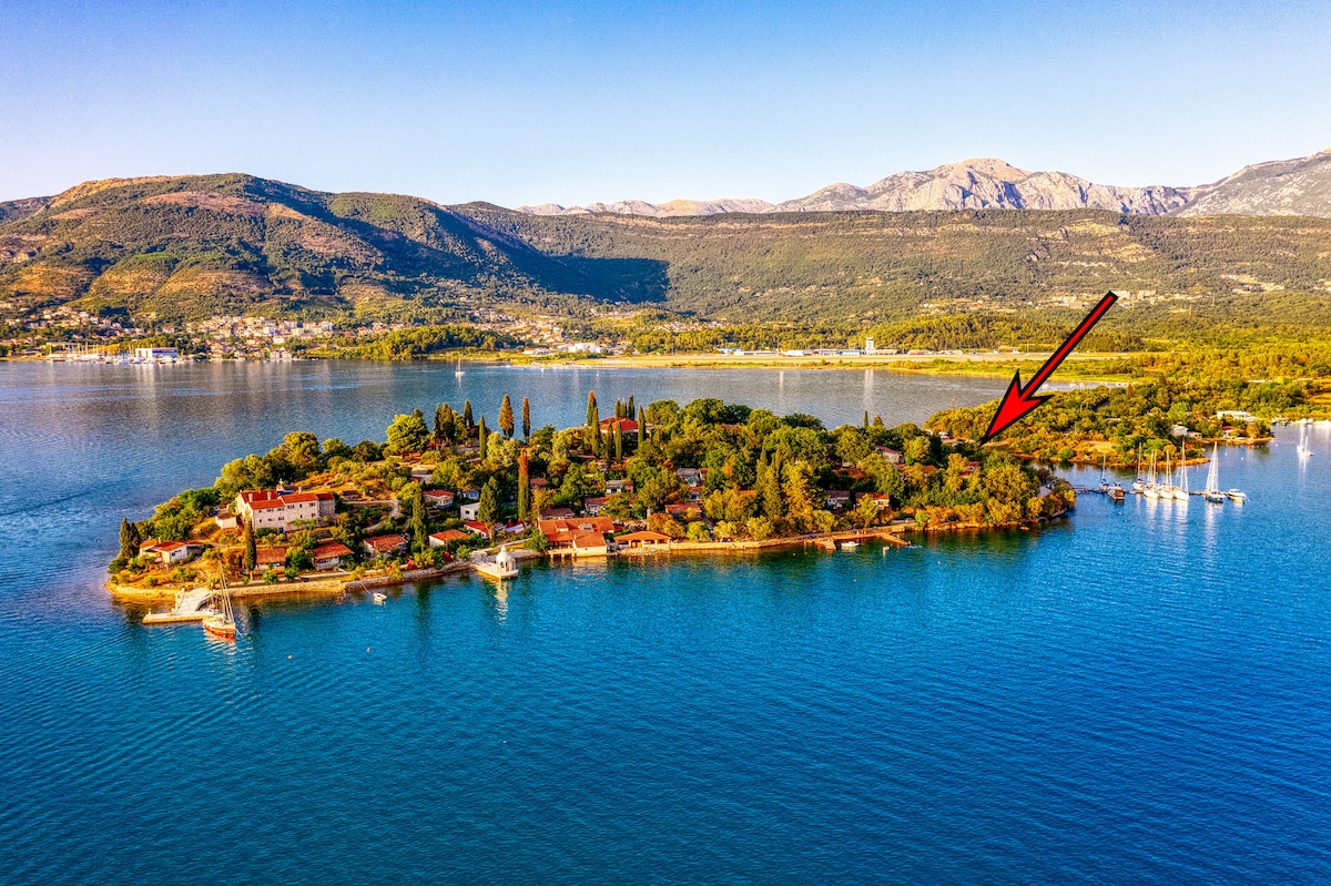 Aerial view of the island showcasing lush greenery and residential buildings along the shoreline. The tranquil blue waters surround the area, with boats anchored nearby. The landscape features hills in the background, creating a serene and natural environment.