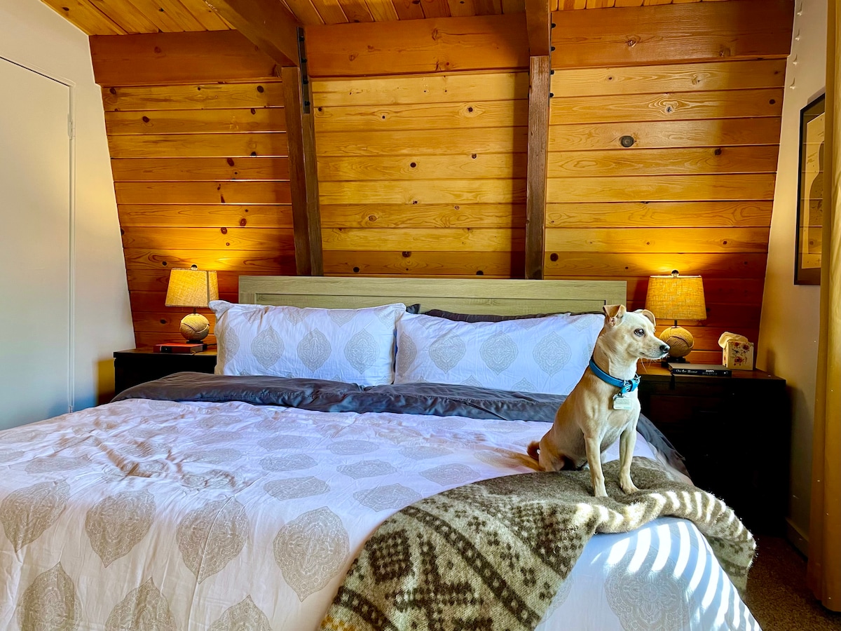 A cozy bedroom features a king bed with a decorative blanket draped over the foot, surrounded by warm wooden walls. Two lamps provide soft lighting, while a dog sits comfortably on the bed, adding a sense of warmth to the inviting space.