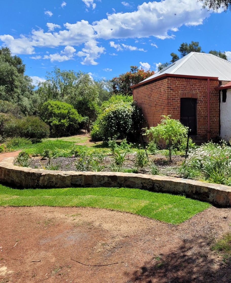 A grassy area with a gentle curve leads to a brick structure, showcasing a blend of natural and built elements. Lush garden beds feature various plants, while shrubs are positioned throughout the landscape. A clear blue sky with scattered clouds creates a bright backdrop.