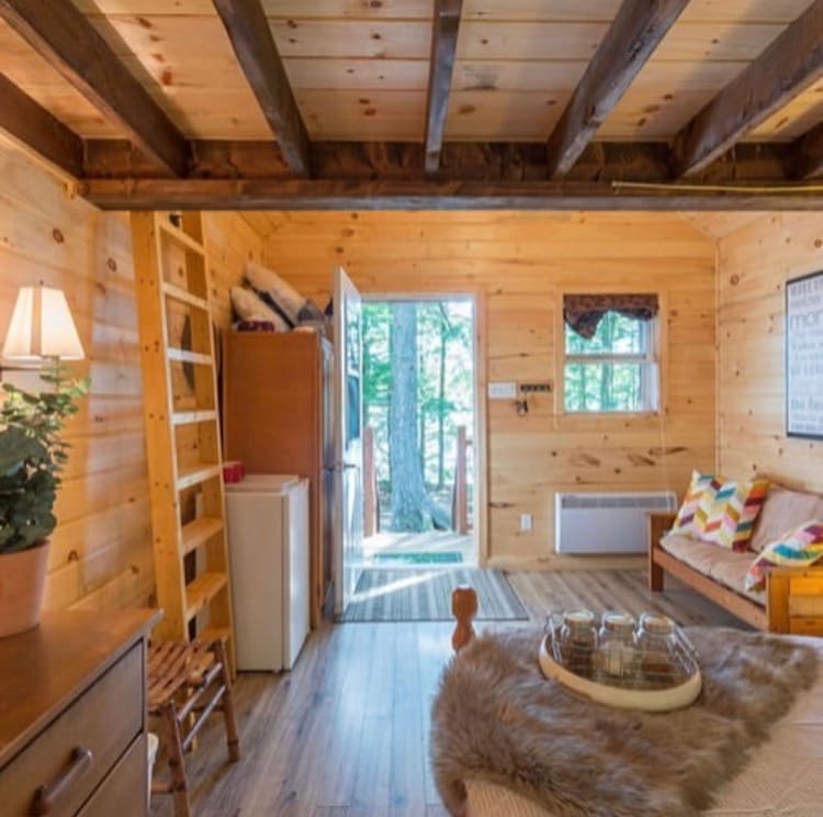 A cozy interior space features wood-paneled walls and a welcoming arrangement. A queen bed is complimented by a small love seat and a mini fridge. A door opens to the outdoors, inviting natural light and glimpses of the surrounding greenery.
