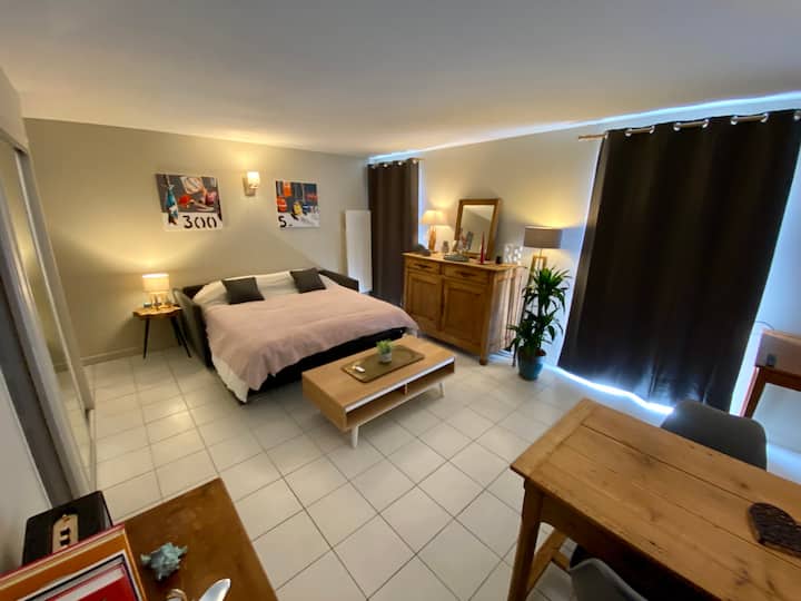 The living room in "bedroom" mode with its 160cm sofa bed and 18cm mattress