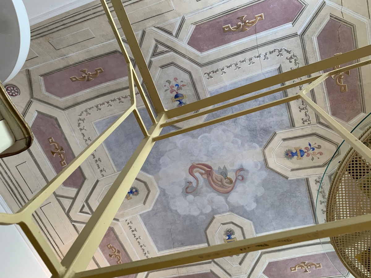 The ornate ceiling showcases intricate frescoes in soft pastel colors, highlighted by decorative moldings. A gold-framed light fixture is visible in the foreground, adding a touch of elegance to the historical elements of the room.
