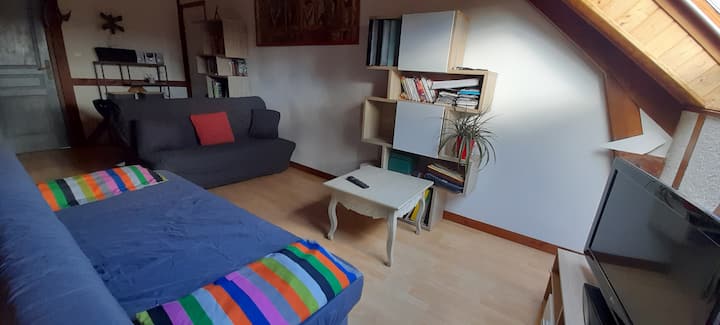 sebule ya ghorofani yenye mwonekano wa bustani: maeneo ya bz 2 pamoja na sofa nyingine, TV, maktaba kwa watoto na watu wazima