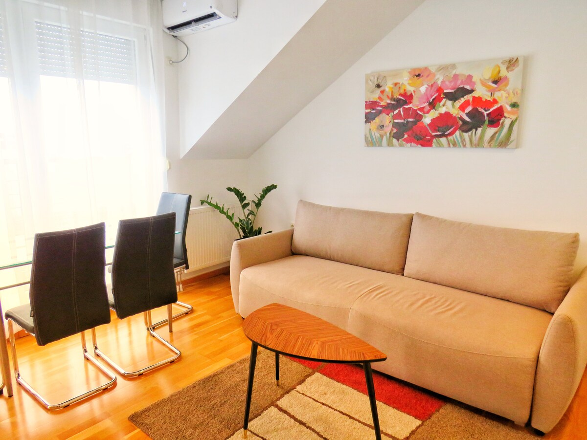 A soft beige sofa is positioned alongside a glass dining table with four black chairs. A potted plant adds greenery, while a colorful floral artwork enhances the space. Natural light enters through sheer curtains, and an air conditioning unit is mounted on the wall.