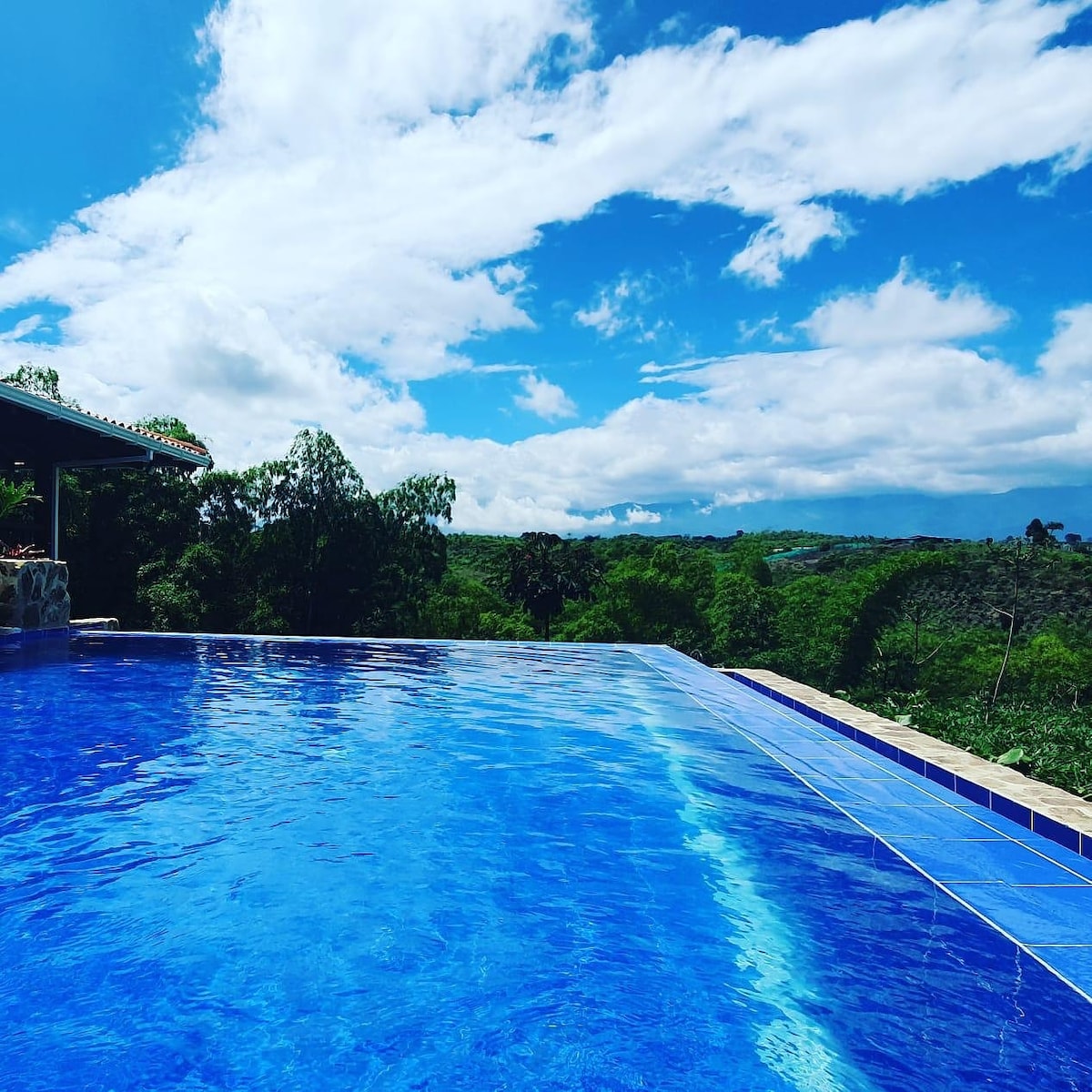 An infinity pool stretches towards the horizon, reflecting the vibrant blue sky filled with clouds. Lush greenery surrounds the area, offering views of the rolling hills in the distance. The pool area is designed to enhance relaxation and enjoyment of the natural landscape.
