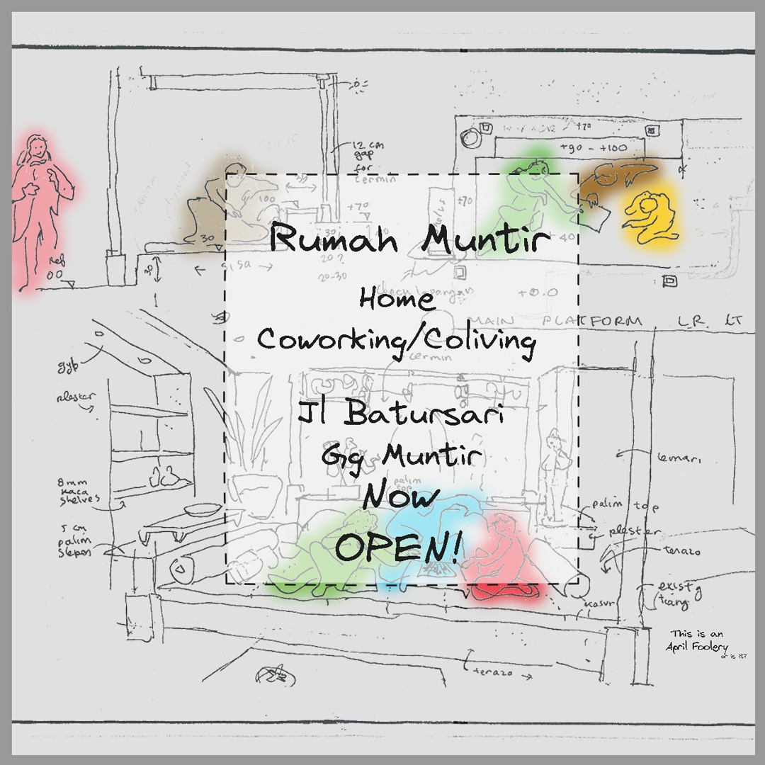 A hand-drawn floor plan outlines the layout of Rumah Muntir, labeled prominently at the top. Colorful sketches of people are depicted along with symbols representing furniture and space features, visually conveying the coworking and coliving environment.