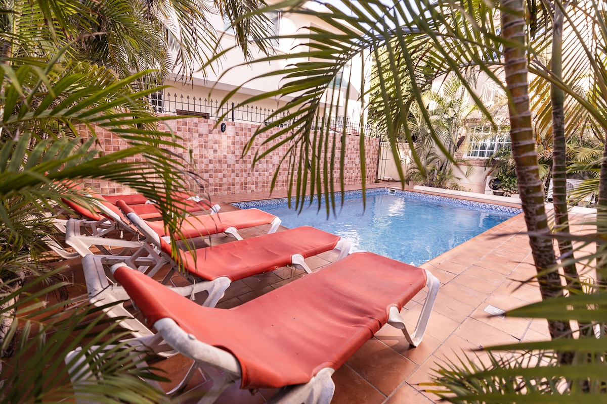 A swimming pool is surrounded by lush tropical plants, creating a serene atmosphere. Lounge chairs with vibrant cushions are positioned around the pool, inviting relaxation. The space is enclosed by a textured wall, providing a sense of privacy.