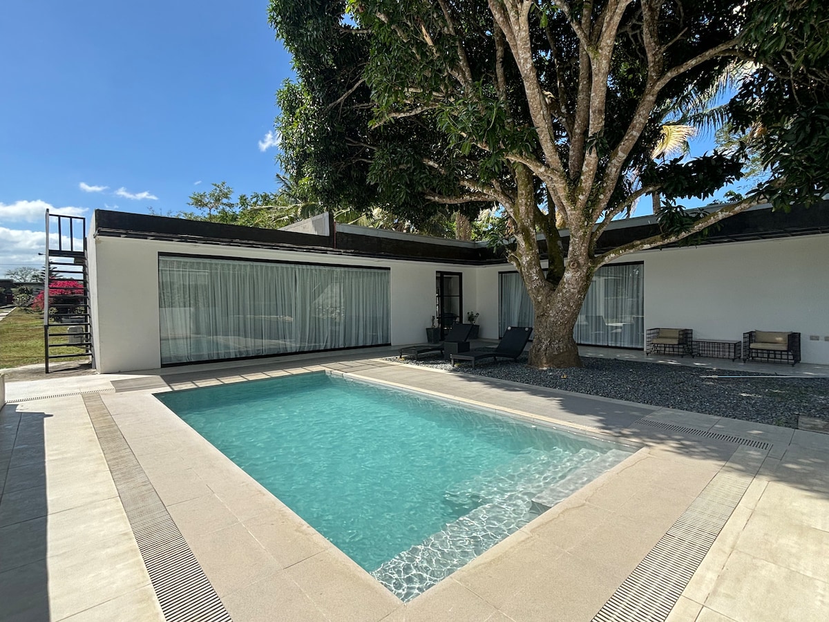 A private plunge pool is surrounded by a tiled deck, offering a serene space for relaxation. Sun loungers are positioned nearby, while large windows of the villa reflect natural light and provide views of the lush exterior, creating a seamless connection to nature.