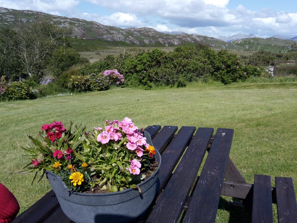 A wooden table is set outdoors with vibrant flower pots featuring pink, red, and yellow blooms. Lush green grass surrounds the table, leading to expansive views of rolling hills and a partly cloudy sky in the background.