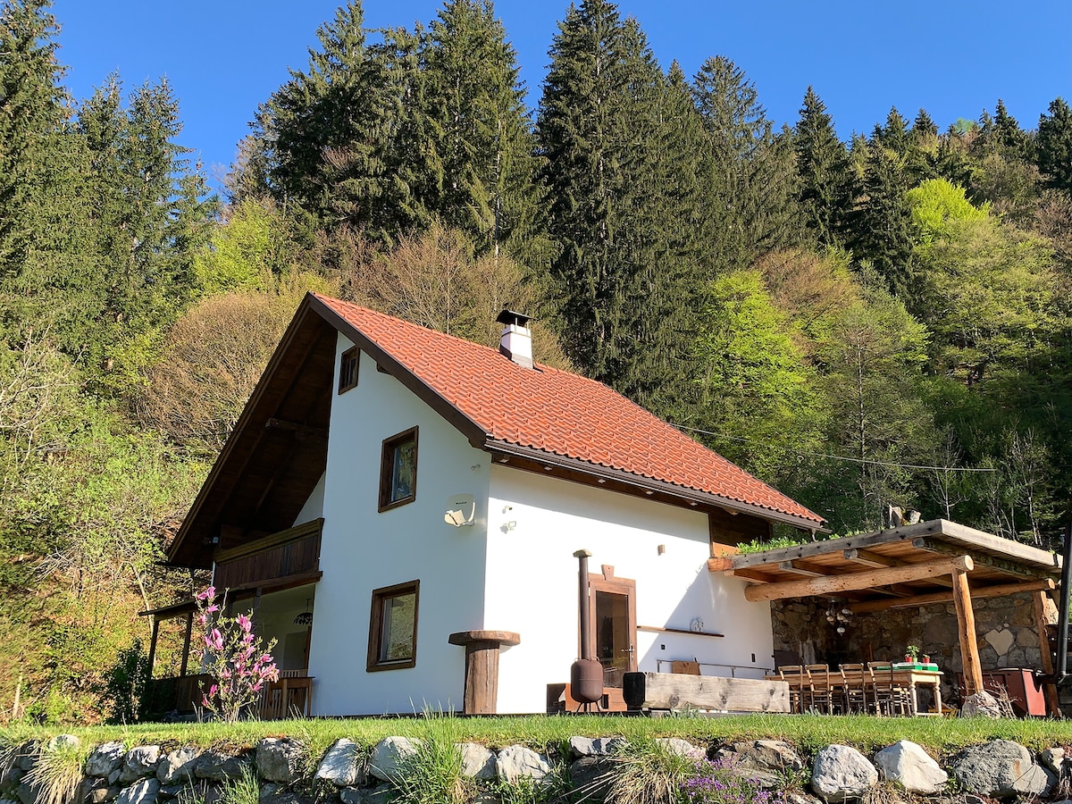 A charming house is set against a backdrop of lush green trees, featuring a classic sloped roof with terracotta tiles. A cozy outdoor seating area is positioned under a wooden porch, with grassy surroundings and flowering plants visible in the foreground.