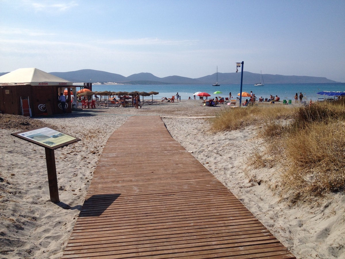 A wooden pathway leads through sandy terrain towards the beach, accompanied by beach umbrellas and lounge chairs. A calm sea is visible on the horizon, with distant hills adding depth to the scene. Information signage is positioned alongside the pathway.