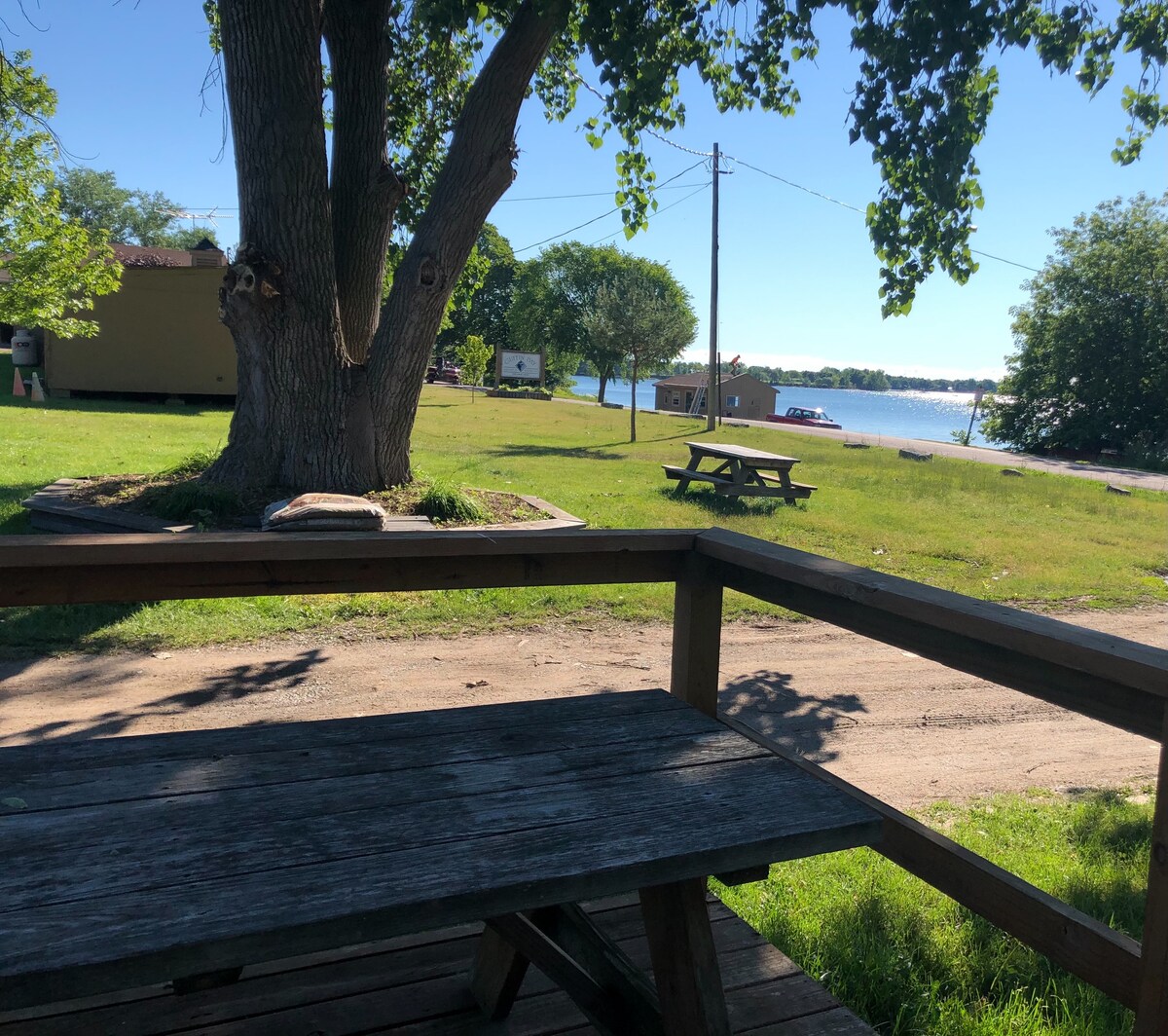 A view from the front deck showcases a picnic table situated in a grassy area beneath a large tree. The calm waters of the lake are visible in the distance, framed by lush greenery and clear blue skies.