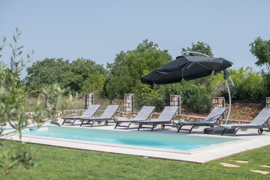 A serene outdoor area showcases a rectangular swimming pool surrounded by multiple lounge chairs. A large umbrella provides shade over one of the chairs, while lush greenery frames the scene, enhancing the tranquil setting.