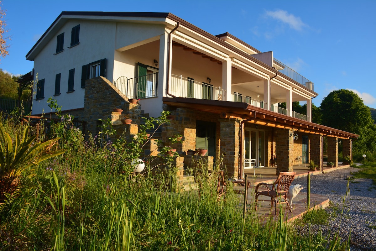 A modern two-story structure features a stone facade and spacious outdoor areas. The upper level includes balconies, while the lower level opens to a covered porch. Surrounding greenery and landscaped gardens enhance the serene atmosphere, with sunlight illuminating the building's exterior.