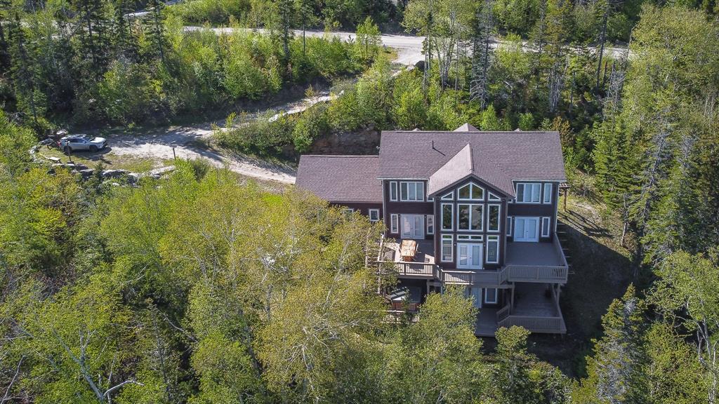 An aerial view shows a spacious chalet nestled among lush greenery, surrounded by trees. The building features large windows and a multi-level design, with decks visible on the exterior. A winding road runs nearby, providing access to the property.
