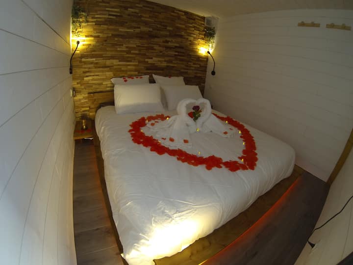 Chambre cocooning avec télé.. déco à choisir (en prestation comprise 4 choix ou option cignes et cœur en pétales de rose 2 choix)... A voir avec l'hôtes (marc) 