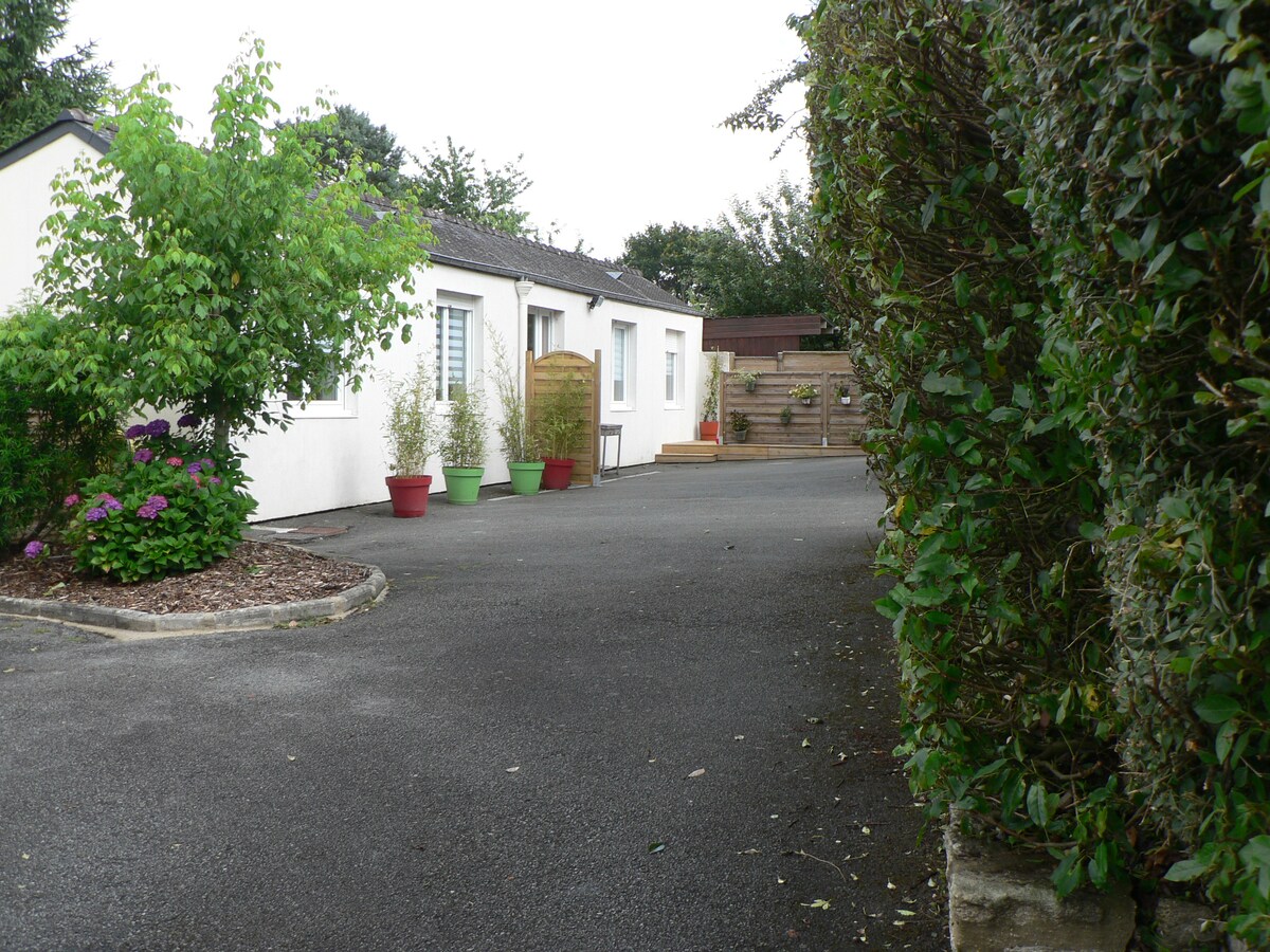 A paved driveway leads to a single-story white building surrounded by greenery. Potted plants line the entrance, adding a touch of color to the outdoor space. A wooden fence in the background hints at a private area, while low shrubs border the driveway.