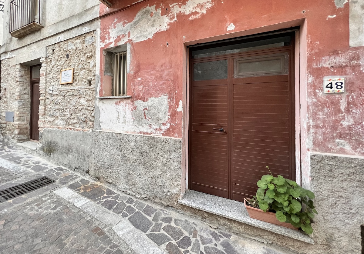 The image features a weathered exterior of a two-story building, showcasing a vibrant red wall with peeling paint. A brown double door entrance is visible, framed by a light gray stone base. A small potted plant sits on the step, adding a touch of greenery.
