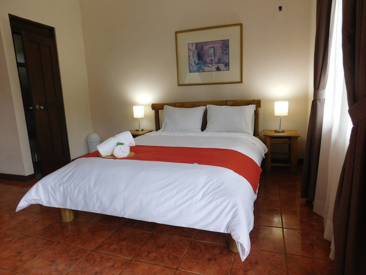 A comfortable sleeping area features a spacious bed with crisp white linens and a contrasting red accent. Soft bedside lamps provide gentle lighting, while natural light filters in through the partially closed curtains. A wooden nightstand sits on either side of the bed.