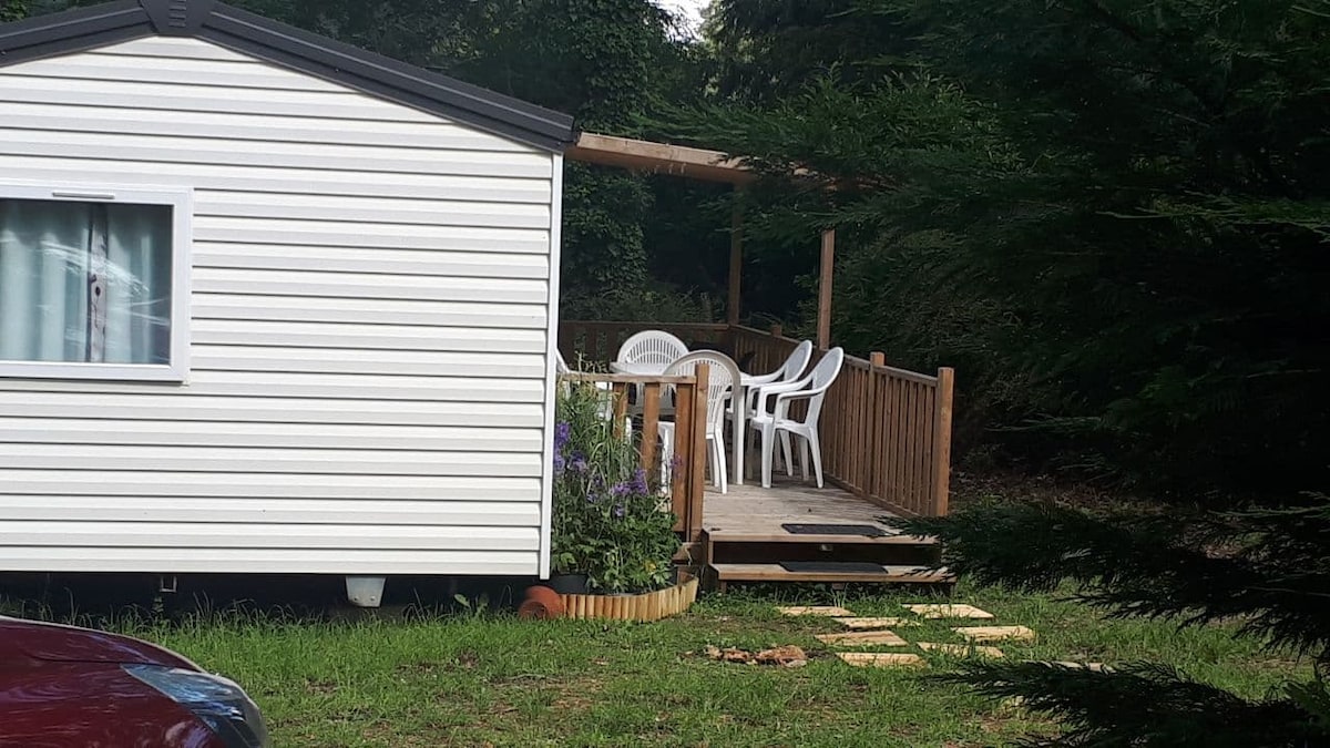 A mobile home is positioned within a lush green setting, featuring a spacious wooden terrace equipped with a table and white chairs. A pathway of stepping stones leads to the entrance, complemented by nearby vibrant plants and trees, creating a serene outdoor space.
