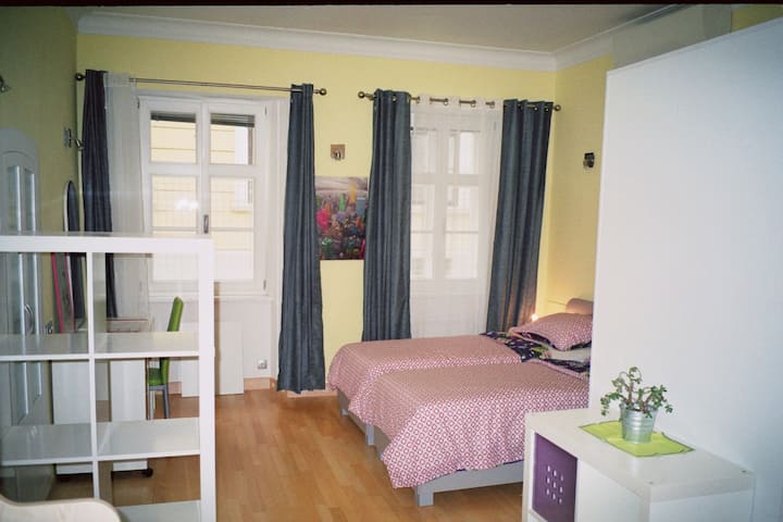 Room with two single beds,  there is a small utility kitchen in the same room