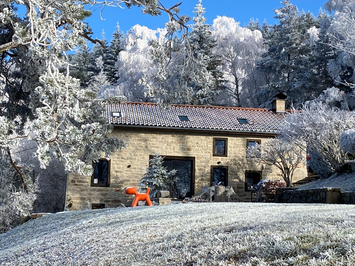 The stone house is surrounded by frosted trees, showcasing a wintry landscape. A bright orange sculpture adds a pop of color to the serene scene. The roof features traditional tiles, and large windows reflect the inviting natural light.