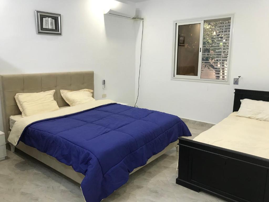 A light and airy bedroom is presented with a spacious bed covered in a deep blue blanket, accompanied by a smaller bed. Natural light enters through a window adorned with blinds, while a soft beige headboard adds a touch of elegance.