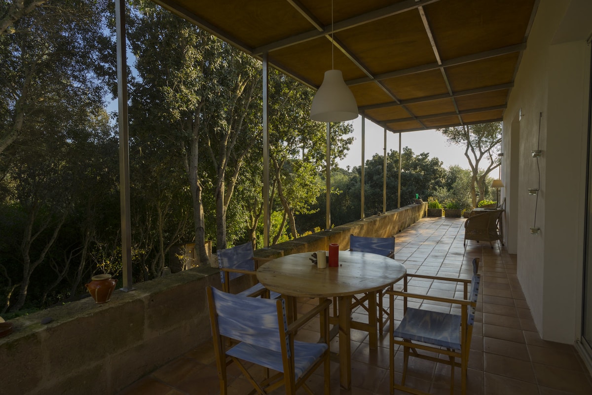 An outdoor terrace is visible, featuring a round wooden table surrounded by blue chairs. Green foliage frames the view, and a pendant light hangs from the ceiling, adding an inviting touch to the serene setting.
