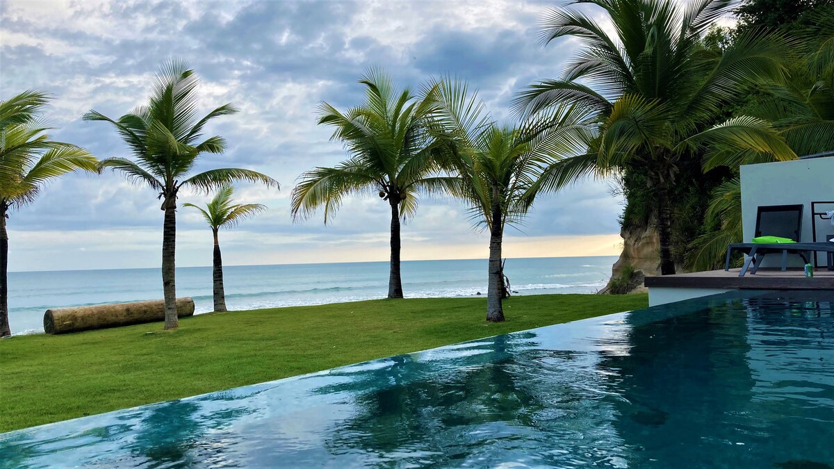 A tranquil outdoor space is surrounded by swaying palm trees, leading to the ocean. A glassy infinity pool reflects the picturesque sky, while the lush green lawn provides a serene setting to relax and unwind.