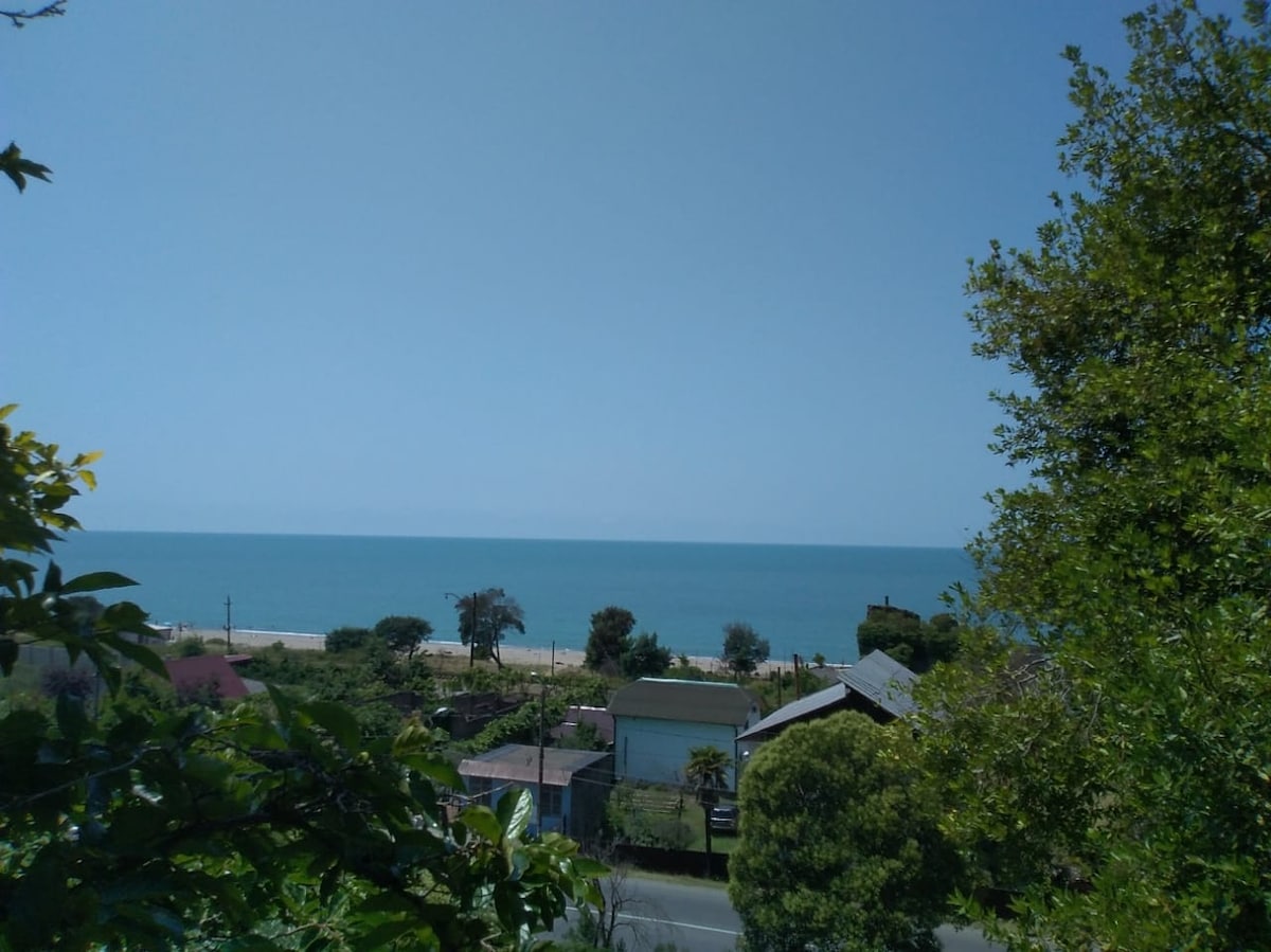 A serene view captures the tranquil sea and sandy beach under a clear blue sky. Lush green foliage frames the scene, with a few buildings visible along the coastline, contributing to the peaceful ambiance of the surrounding area.