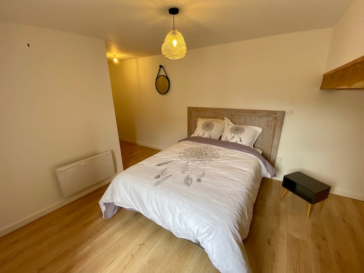 Chambre lit double 140x190 avec protection de matelas drap housse couette housse de couette 2 oreillers et taies fournis.
Possibilité de mettre un lit bébé. 
Lampe de chevet avec chevet.
Très grand placard de rangement.
Chauffage électrique .
